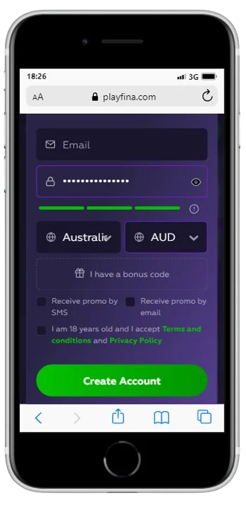 Sign Up Window at Playfina Casino app